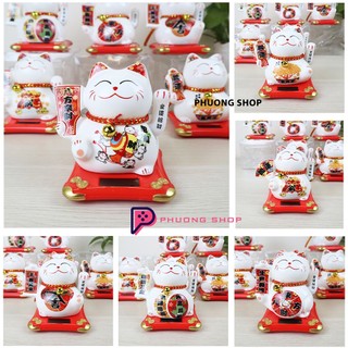 Mèo Thần Tài Vẫy Tay Maneki Neko Dùng Năng Lượng Mặt Trời, Bằng Sứ 11cm - Chiêu Tài Lộc, Kinh Doanh Hồng Phát