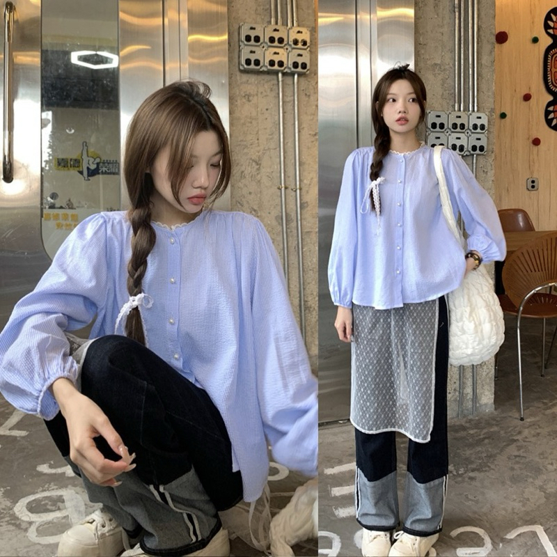 Áo sơ cổ tàu viền ren kẻ sọc tay bồng màu pastel Vintagevibes.
