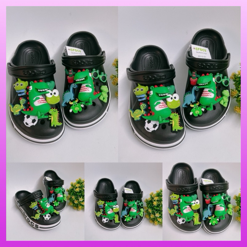 [ Tặng 12 sticker ] Dép Crocs bay A màu đen mix Khủng Long bé trai MunCrocs sỉ lẻ sục Crocss cho bé 