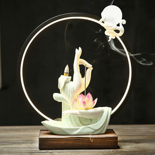 Thác khói trầm tay Phật hoa sen gốm có đế đèn led tặng 10 nụ trầm sạch