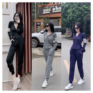 Sét thể thao thun tăm gồm quần jogger và áo dài tay. Bộ thể thao thom sọc trắng cho nữ