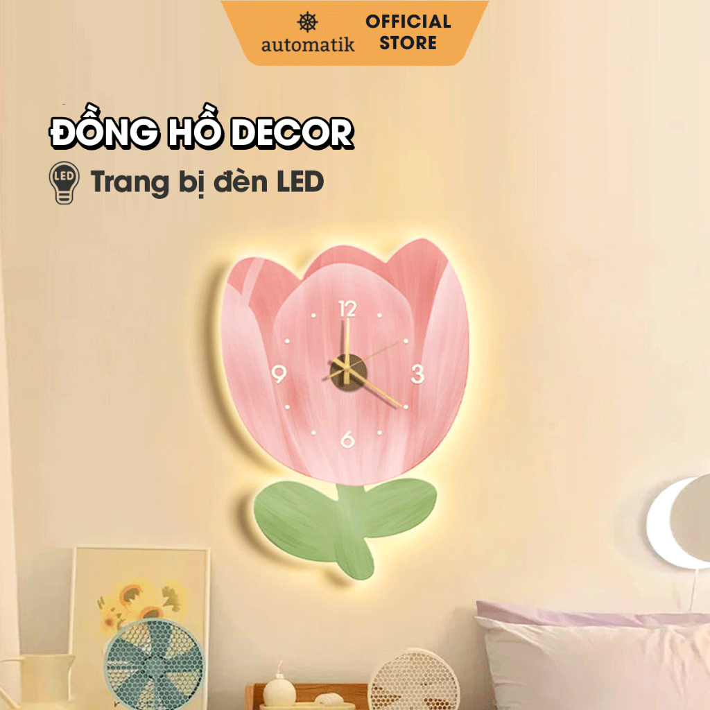 Đồng Hồ Treo Tường Để Bàn Phòng Khách Decor Phòng Ngủ, Đồng Hồ Đèn LED Trang Trí Gỗ Phát Sáng Cute Treo Tường - Automati