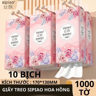 Free Ship - Thùng 10 bịch giấy treo đa năng Hoa Hồng, Khăn rút 4 lớp treo tường mỗi bịch 1000 tờ