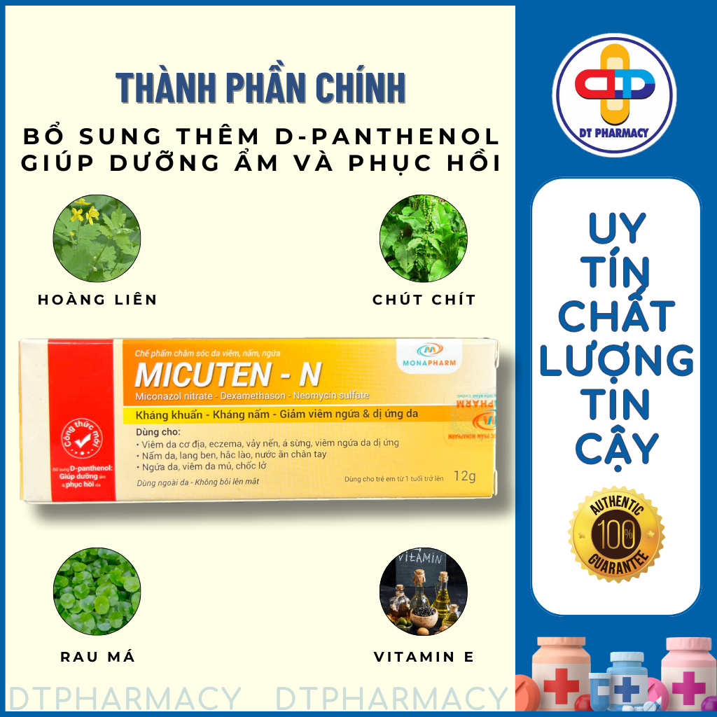 Kem Bôi Da Micuten-N, Kem Bôi Nấm Ngứa Hỗ Trợ Nấm Da Lang Ben Hắc Lào Vảy Nến Chốc Lở Nước Ăn Chân Tay 12g - DT PHARMACY