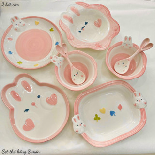 Bộ Bát Đĩa Gốm Sứ Decor, Bát Ăn Cơm, Bát Ăn Chè, Chén Dĩa Dễ Thương Bộ Thỏ Hồng Cực Xinh Yêu