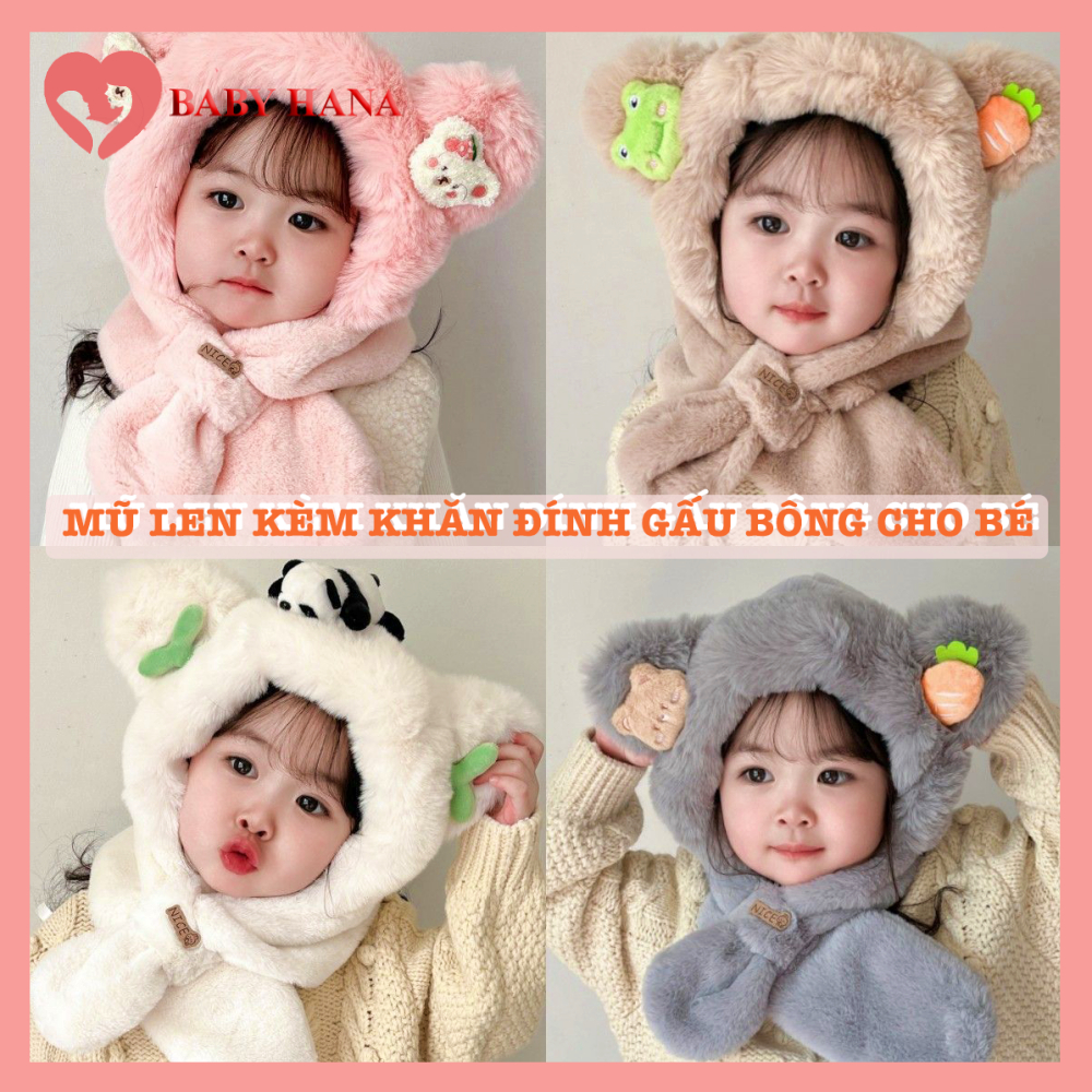 Mũ Len Trùm Đầu Lông Thỏ Kèm Khăn Quàng Đính Gấu Bông Cao Cấp, Nón Len Liền Khăn Giữ Ấm Mùa Đông Đán
