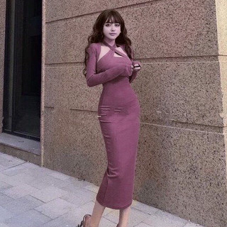 Đầm body tay dài phối dây xoắn chéo cổ dáng dài đen nâu tím