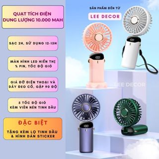Quạt Tích Điện CHÍNH HÃNG, Tặng Tinh Dầu & Sticker, Màn Hình Led, 5 Cấp Độ Gió, Giá Đỡ, Dây Đeo Cổ