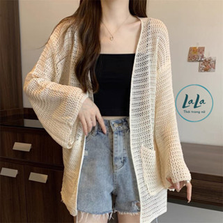 Áo khoác nữ cardigan, áo khoác len lưới 2 túi phom rộng mặc đi chơi đi biển màu trắng đen kem nâu - LaLa