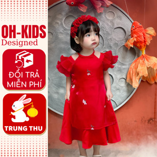 Yếm trung thu cho bé gái màu đỏ kiểu áo dài cách tân sườn xám cho bé từ 8-32kg OH23