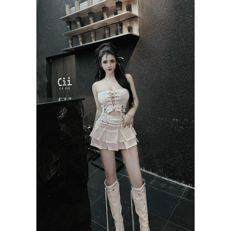 Set áo quây đan dây có mút ngực chân váy xếp ly sexy đi bar