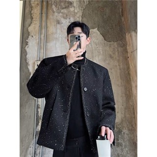 Áo Khoác Dạ Tweed Nam Kim Tuyến Cổ Tròn Cài Khuy Phong Cách Trẻ Trung Sang Trọng.