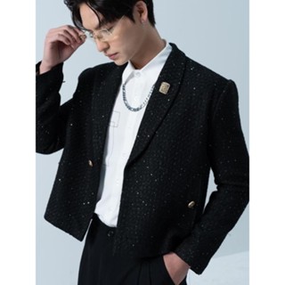 Áo Dạ Tweed Kim Tuyến Nam Cổ Vest Liền Cài Khuy Áo Dáng Ngắn Phong Cách Trẻ Trung Lịch Sự.