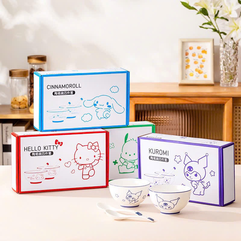 Bộ 2 chén sứ + 2 muỗng sứ [kèm hộp] hoạt hình Kuromi - Melody - Cinnamoroll - Hello Kitty
