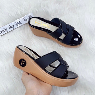  Dép nữ đế xuồng cao 6p cho mẹ dép trung niên quai xoắn đế vàng 