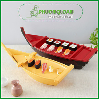 Thuyền Sushi, Sashimi, Cá hồi, Hải sản nhựa hoa văn đỏ đen, vàng phong cách Nhật trang trí sushi, sashimi