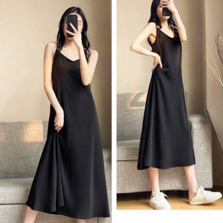 Đầm maxi hai dây cổ tim dáng dài đũi xước hai màu đen be - Váy suông 2 dây dáng rộng đi biển dạo phố xinh xắn