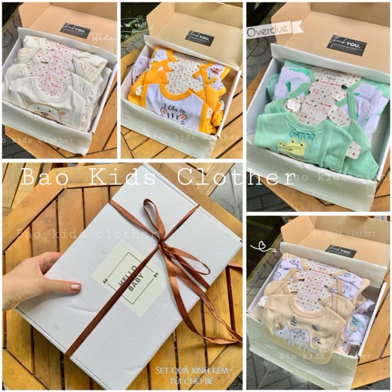 (NHIỀU MÀU ) Set Quà Tặng Đầy Tháng đồ sơ sinh 8 món 0-9 tháng cho bé trai bé gái KÈM HỘP + TÚI + NƠ . Bao kids clothes