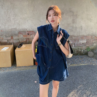 Set Jean Nữ Cao Cấp Gồm Áo Sơ Mi Sát Nách Túi Ngực Cách Điệu Cùng Quần Đùi Chun Hàng Chuẩn QC Phong Cách Trẻ Trung