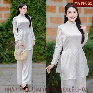 Mã PP061_Pháp Phục Thanh Lịch Đi Lễ Chùa Cho Nữ, Mã Lót Hầu, Áo Quần Dài Tay, Chất Liệu Lụa Gấm Hoa Hồng Cao Cấp