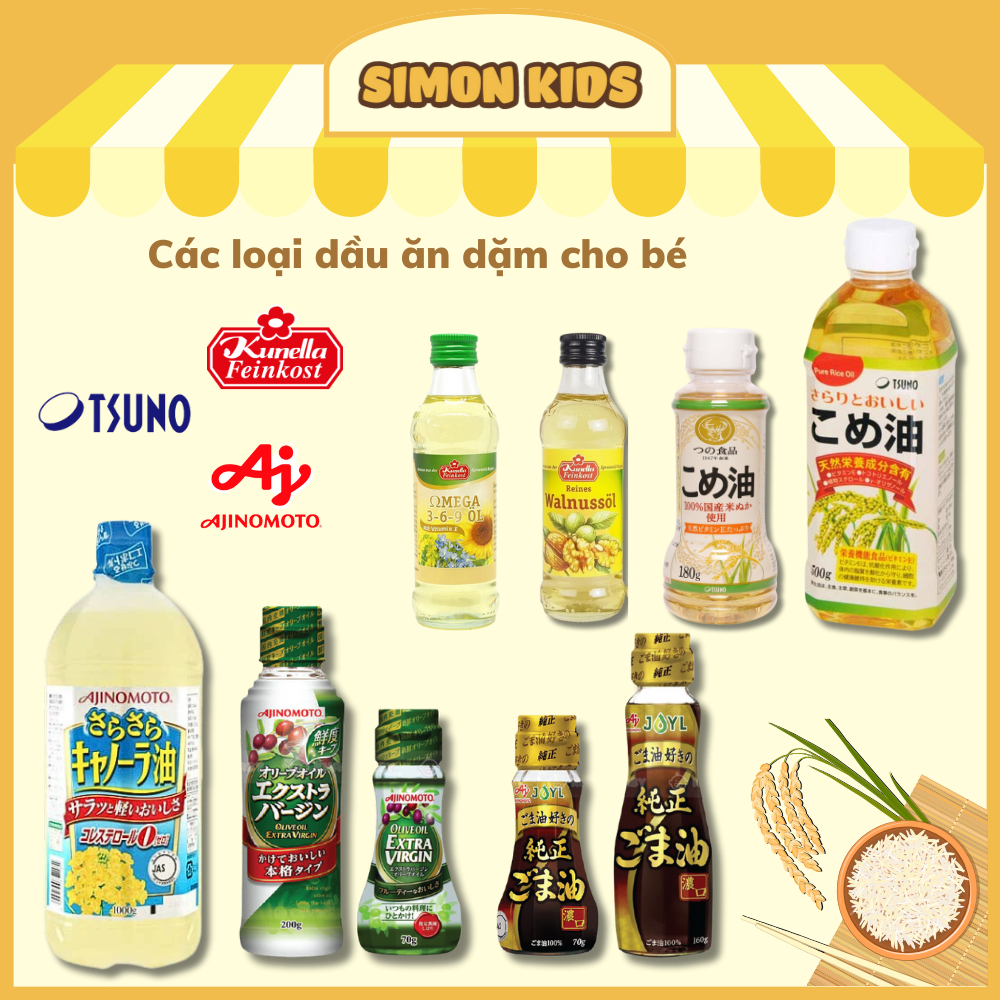 Dầu ăn dặm nguyên chất Nhật Bản cho bé từ 6M+ (Dầu óc chó Đức, Omega 369, dầu gạo, dầu olive, dầu mè