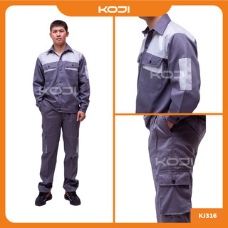 Bộ Quần Áo Bảo Hộ Lao Động KOJI KJ316 Màu Chì Phối Ghi Sáng Vải Kaki 3/1 Dày Dặn Cho Công Nhân Kỹ Sư