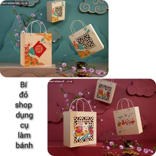 Size m set 10 hộp tết giấy kraft đông hồ hương sơn kèm tem dài / tem tròn dán miệng hộp