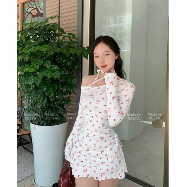 “𝐄𝐋𝐋𝐀 𝐃𝐑𝐄𝐒𝐒” Đầm tay dài trễ vai nhún hông (ảnh thật shop chụp)