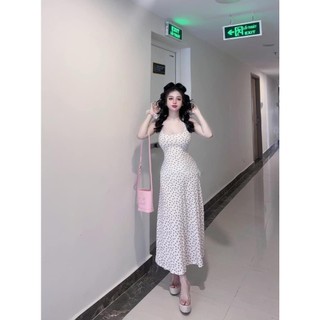Đầm midi gân tăm cổ yếm hở lưng in hoa đẹp y hình