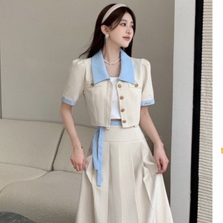 🌸 Sét Áo Cổ Bẻ Dài Phối Màu Croptop Chân Váy Xếp Ly 2M Kèm Dây
