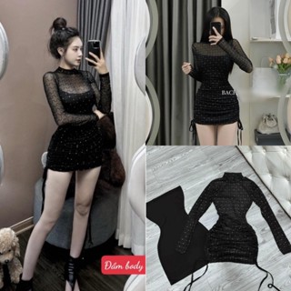 Đầm váy nữ 2 món body rút dây sườn phối lưới đính đá bling bling sexy tôn dáng siêu xinh