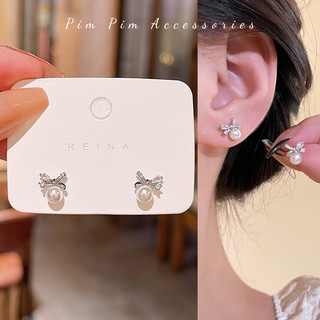  Khuyên Tai Nữ Thiết Kế Nơ Đính Hạt Giả Ngọc Trai Phụ Kiện Trang Sức Mạ Bạc 