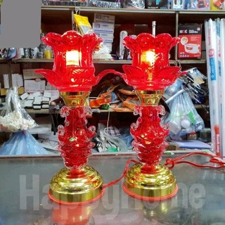 Đôi đèn thờ hoa sen thủy tinh đèn LED cao 30cm