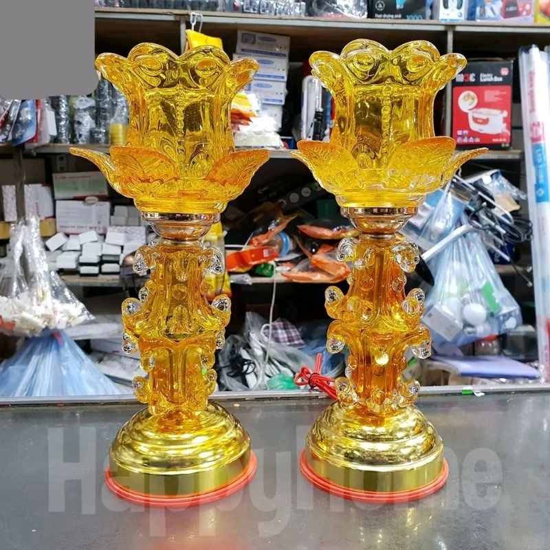 Đôi đèn thờ hoa sen thủy tinh đèn LED cao 30cm