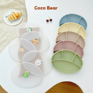 Khay ăn dặm silicon Cocobear có nắp đậy cho bé, Khay ăn dặm silicon đế hít Cocobear cho bé chất liệu silicon cao cấp