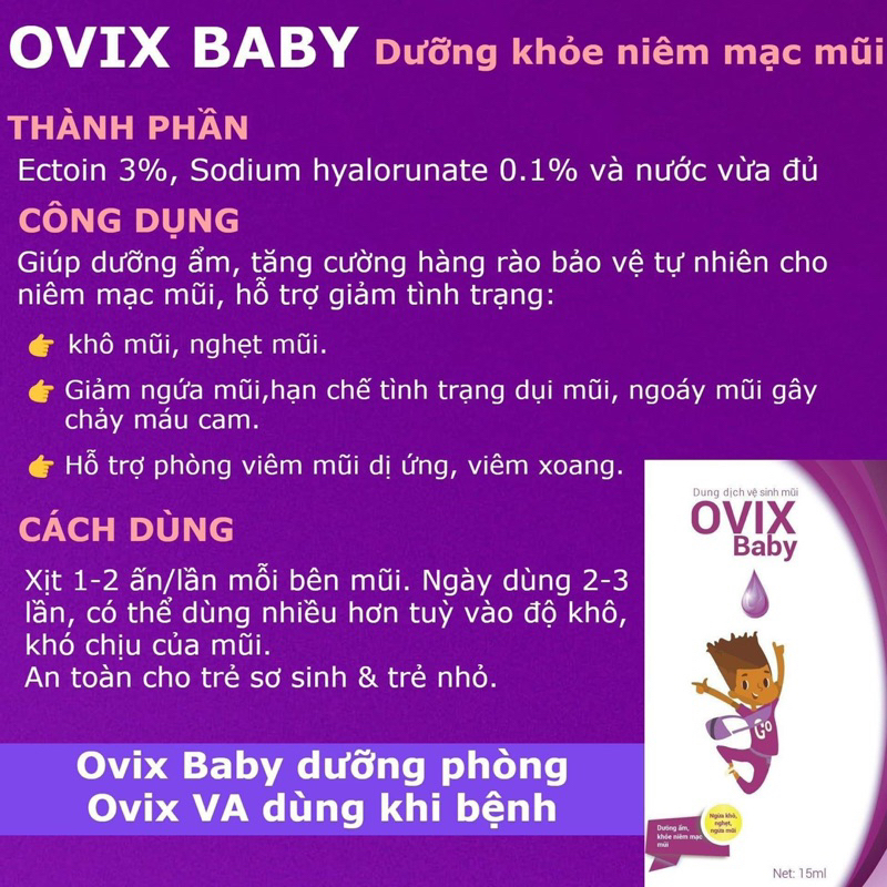 Nhỏ mũi Ovix VA, ovix baby 10ml hỗ trợ giảm viêm mũi cho trẻ < 3 tháng tuổi