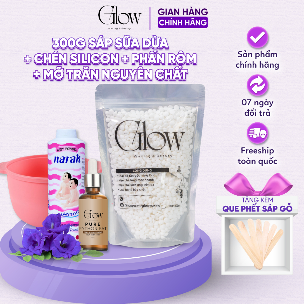 Combo 300Gr Sáp Dừa Cao Cấp GLOWWAXING + Chén Silicon Nấu Sáp + Phấn Rôm Narak + Mỡ Trăn Nguyên Chất 100% 10Ml Tặng Que