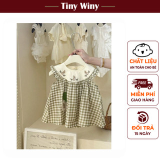 Tiny Winy V492 - Váy caro xanh thêu hình thỏ phối tai thỏ cho bé gái