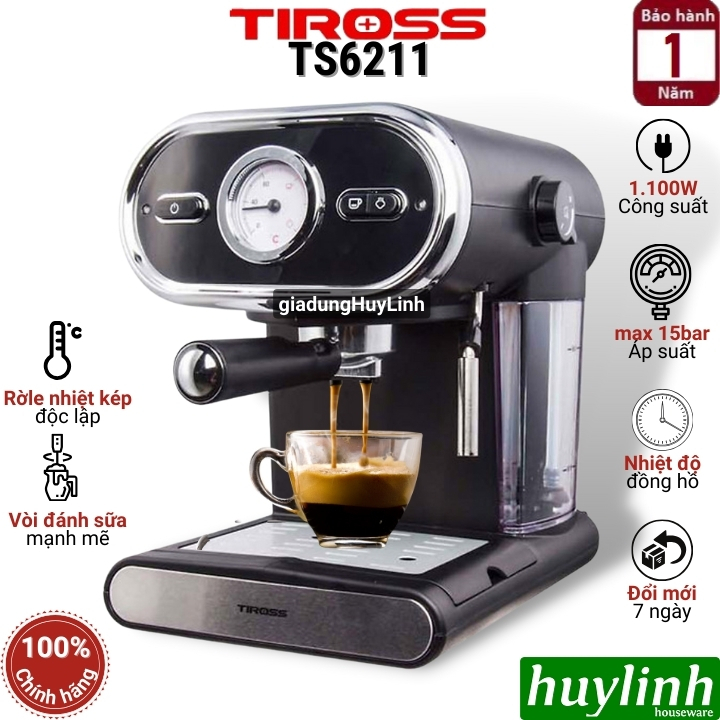 Máy pha cà phê Espresso Tiross TS6211 - Áp lực tối đa 15 bar - Công suất 1100W