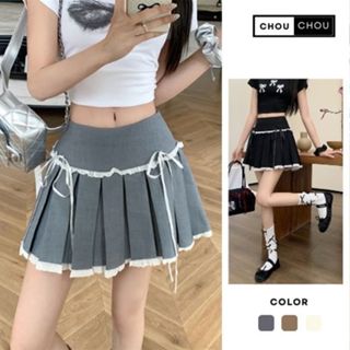 Chân váy xếp ly cạp cao phối nơ DELIZ phong cách lolita dáng xòe thời trang hottrend CHOUCHOU