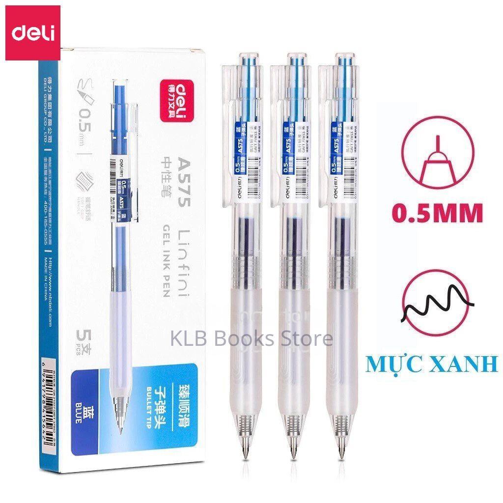 Bút Bi Gel Bấm Deli, Bút Bi Nước Deli A575 Màu Xanh/ Đen Ngòi 0.5mm Mực Ra Đều Có Ruột Thay Thế