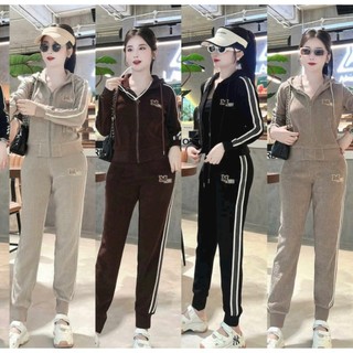    hàng loại 1  Set bộ Nhung Mũ Viền Sọc cao cấp cho nữ mặc thu đông  M14  - quanaohuyenanh 