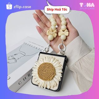 [Mới] Ốp lưng samsung Zflip 5/ZFlip5 da trắng gắn hoa hướng dương siêu sang kèm dây xách ngọc nơ dễ thương ZFlip5