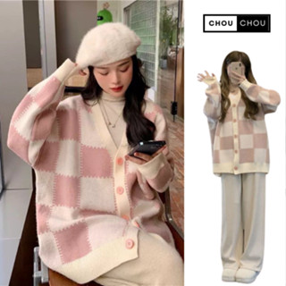Áo cardigan len khoác ngoài họa tiết kẻ caro ô to màu trắng hồng tiểu thư dày ulzzang kiểu hàn deliz Chou