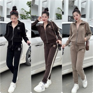  Set bộ thu đông Nhung viền cổ bẻ bo gấu thêu chữ M phong cách trẻ trung  M12  - quanaohuyenanh 