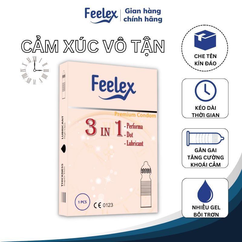 Bao cao su Feelex 3in1 gân gai, nhiều gel bôi trơn - hộp 01bcs