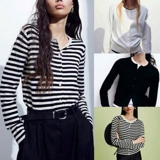 ÁO LEN CARDIGAN DỆT DÀI TAY Z.ARA CỔ TRÒN ĐEN KẺ TRẮNG BASIC MÀU DỄ MIX 2025