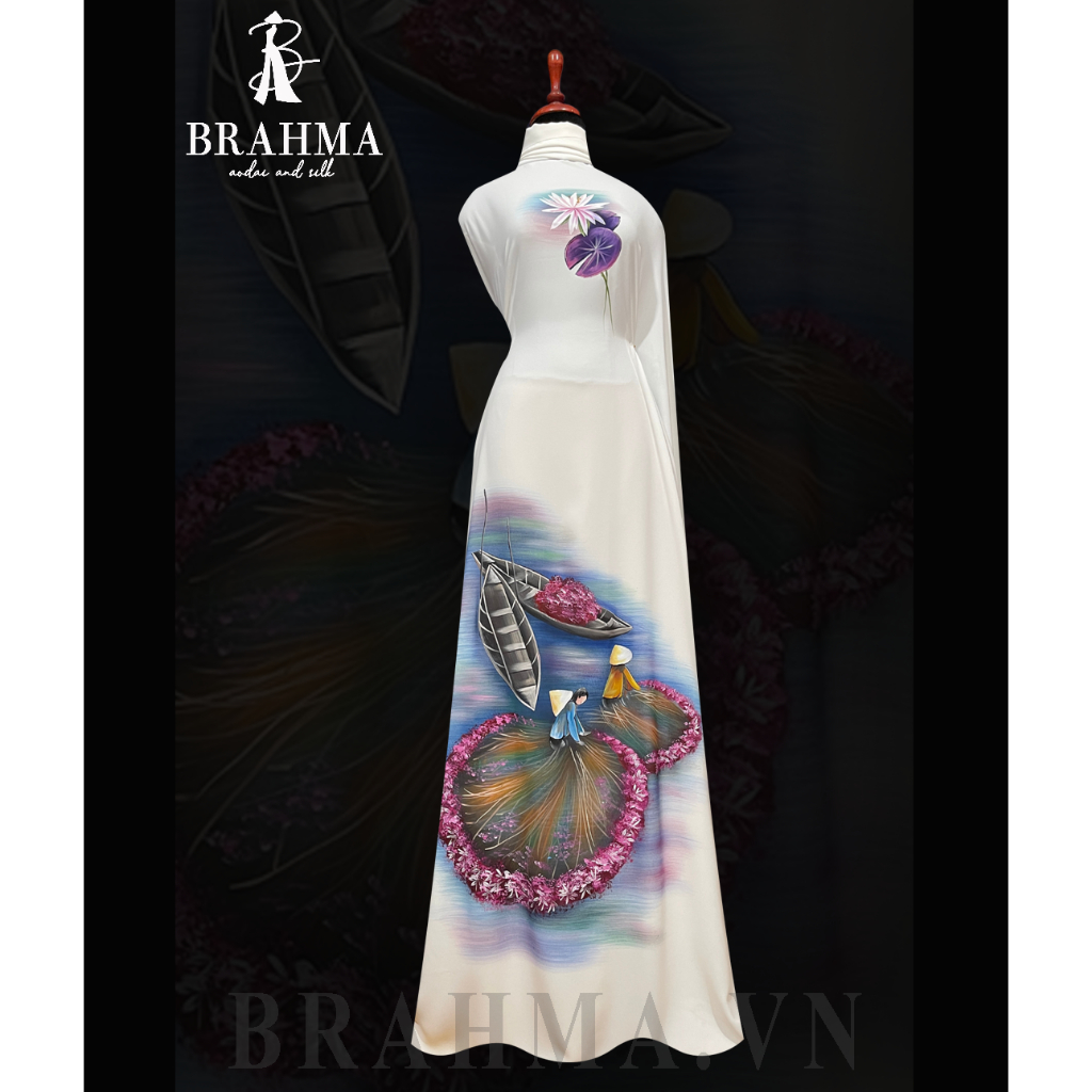 Vải Áo Dài Vẽ Tay Phong Cảnh :” Thu Hoạch Hoa Súng ” - Brahma.vn