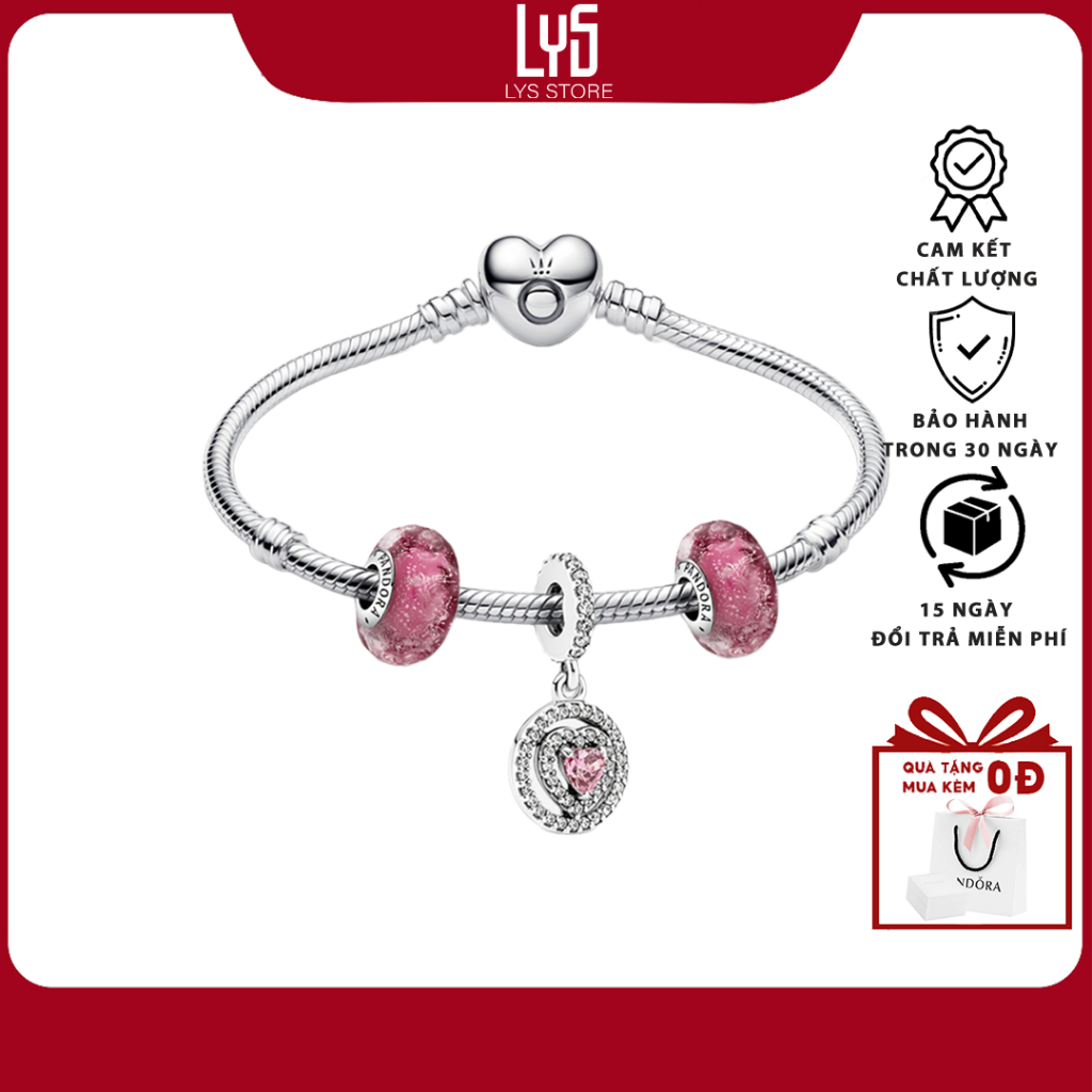 Vòng Tay Mix Charm Fullbox Bạc S925-Vòng tay charm chủ đề tình yêu màu hồng