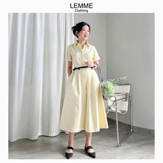 Đầm sơ mi sọc dáng dài thiết kế chiết eo tay ngắn-Lemme